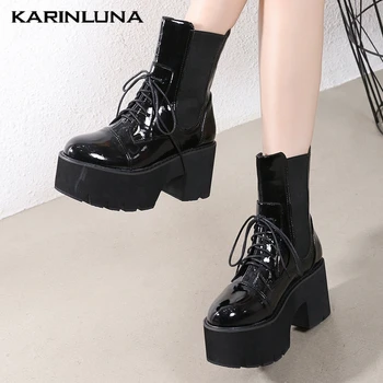 

High Heels Punk Style Round Toe Platform Cross-tied Solid Square Thick Heels Autumn Fashion Brand Ankle Boots