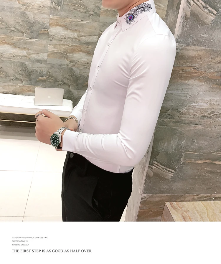 Весенняя Корейская мужская рубашка с длинными рукавами Camisa Masculina, однотонная модная мужская рубашка с вышитыми перьями, Camisa Homem, черный цвет