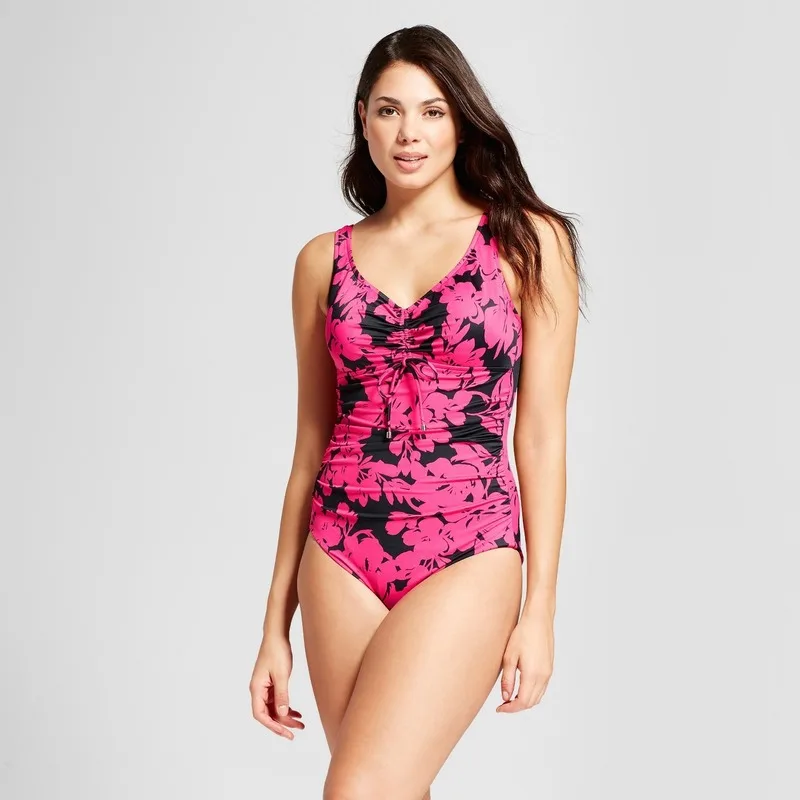 

Retro Women's Ruched One Piece Swimsuit Tummy Control Bathing Suit Plus Size Swimwear Strappy Sexy One Piece Swim Suits 2019