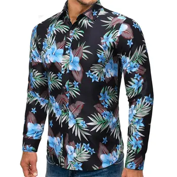 

Long sleeve Flower Men's Shirt Blouse Male Black Navy Social Shirt for Men Hawaiian Style Casual Leisure New