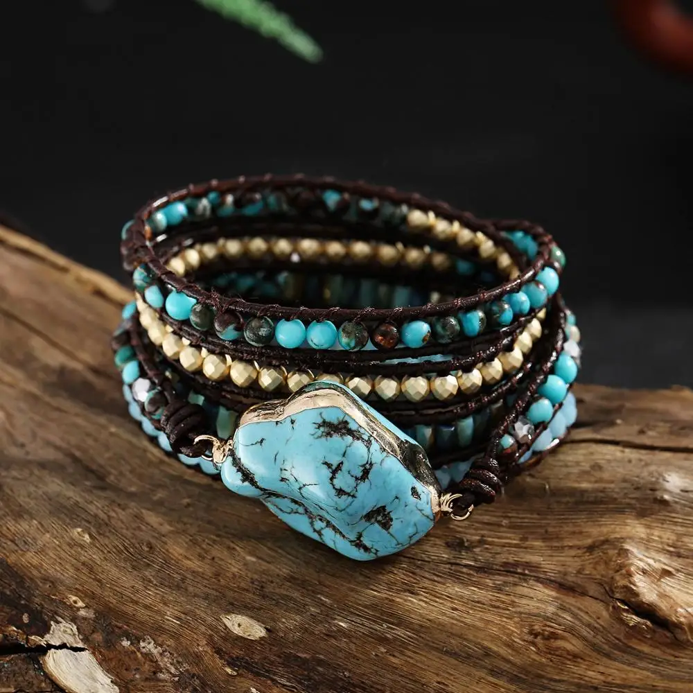 

Gold Tone Blue Natural Gemstone Hematite Crystal Bead Bracelet Handwoven Stone Beaded Stackable 5 Wrap Leather Bracelet Jewelry