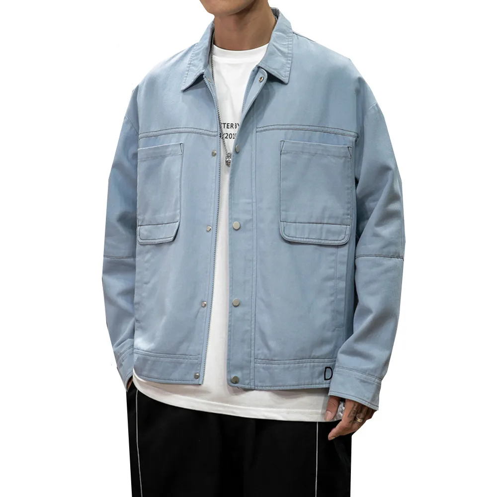 

Autumn Denim Jacket Men Fashion Washed Solid Color Casual Man Streetwear Wild Hip Hop Loose Bomber Big pocket Coats M-5XL