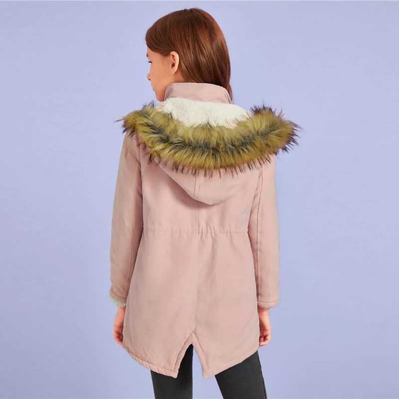 SHEIN/однотонная Зимняя парка с искусственным мехом и завязками на талии; детское осеннее пальто на молнии с длинными рукавами и разрезом спереди; повседневные пальто