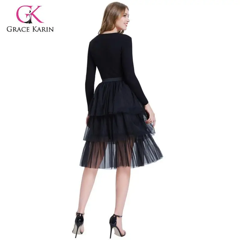 Grace Karin модная женская юбка черная Тюлевая сетчатая юбка эластичная талия три яруса двухслойная трапециевидная повседневная юбка