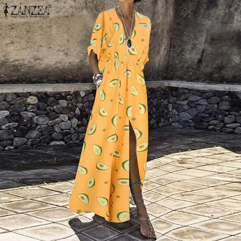 

2019 Plus Size ZANZEA Avocado Printed Dress Autumn Women Long Sleeve Elegant Party Split Maxi Long Vestido Sundress Female Robe