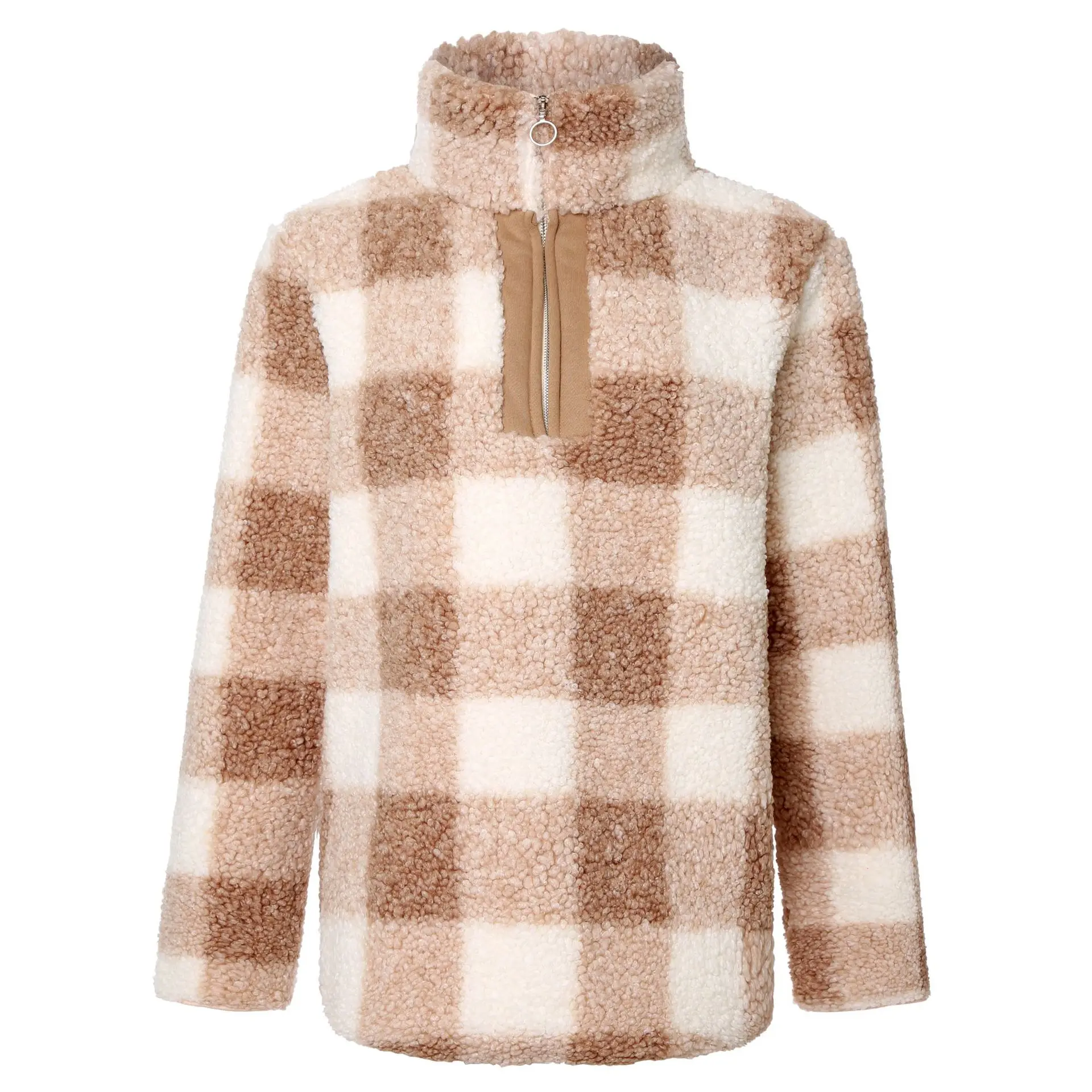 New Autumn and Winter New Plush Long-Sleeve Zipper Plaid Sweater Cardigan Coat