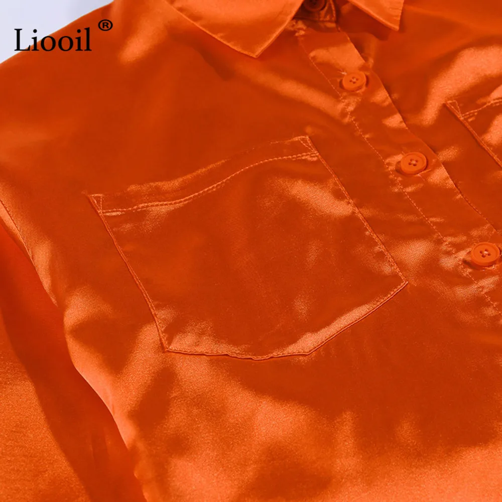 Liooil оранжевый атлас сексуальное мини-платье-рубашка с карманами осень длинный рукав кнопка вверх ремень короткие платья женские вечерние ночной клуб