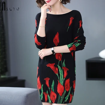 

ASLTW Fashion Long Women's Sweater Dress Spring Autumn Long Sleeve Pullovers Print Knitwear Jumper Plus Size Sweater Women