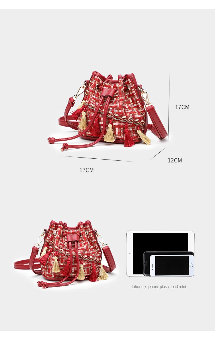 Luxury Brand Handbag Women's Bag Quilted tweed Busket bag Fashion Lady Bohemia Tassel Bags Female Drawstring Crossbody Bag Purse (6)