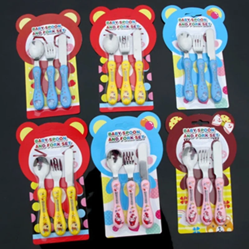 3Pcs/Set Portable Cute Cartoon Baby Stainless Steel Cutter Fork Spoon Cutlery Children Tableware THIN889