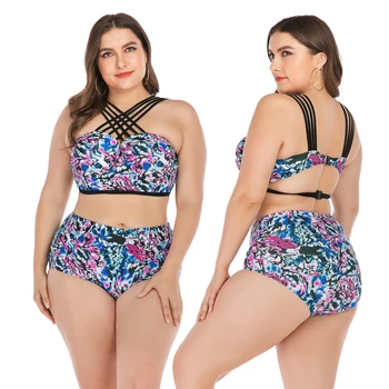 

New Sexy Plus Size Women High Waist Bikini Cross Bandage Swimming Suit Floral-Print Two Piece Summer Fashion Omni-Dry Beachwear