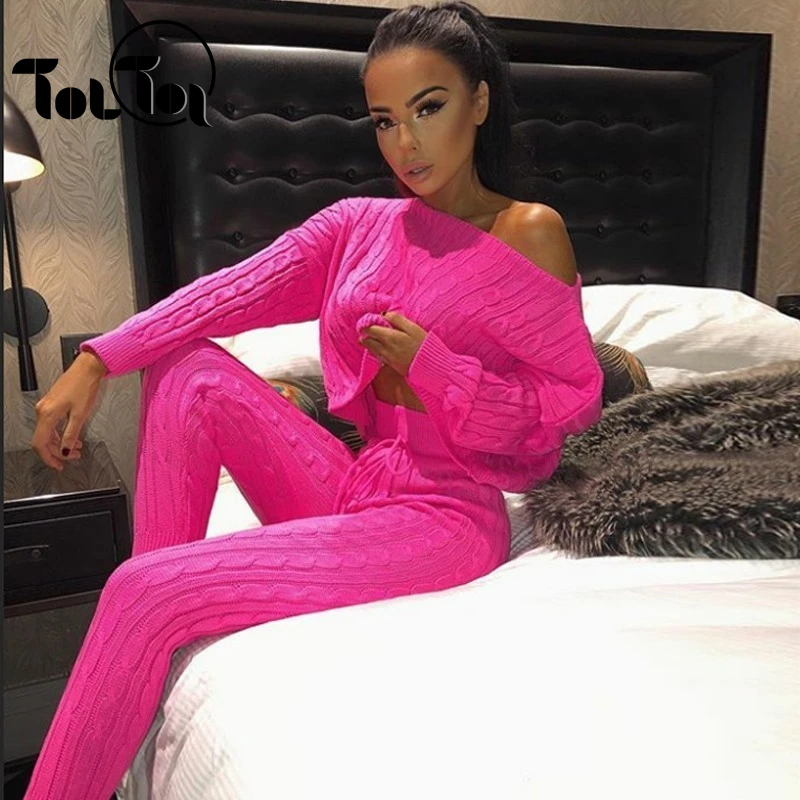

TolTolQ Women Knitted Sexy 2 Piece Set Women Winter Casual Solid Matching Sets Outfit 2 Piece Set Elegant Straight Pants