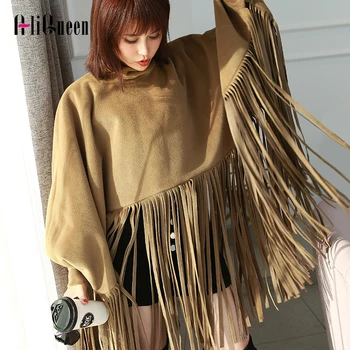 

Autumn Winter Black Tassel Tertleneck Women Cloak Coat Elegant Velvet Batwing Sleeve Poncho Overcoat Female Streetwear Manteau