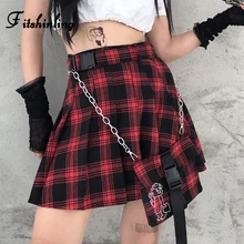 Облегающие плиссированные юбки в готическом стиле с завышенной талией для женщин Harajuku Checker, клетчатая тонкая юбка, красная сексуальная юбка с карманами и цепочкой в стиле гранж, новинка