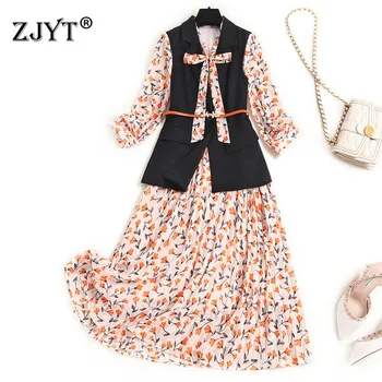 

2020 New Fashion Autumn Dress Women Clothing High Quality Designers Bow Collar Print Chiffon Dress 2 piece Set
