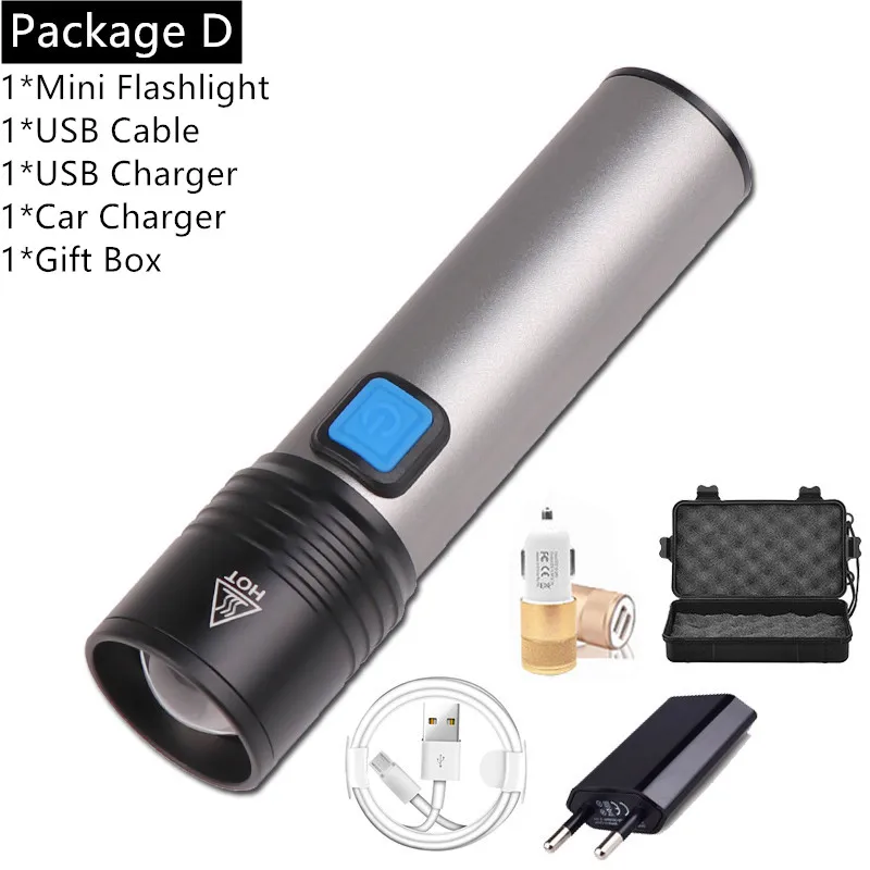 Package D Мини-фонарик USB Перезаряжаемый фонарик водонепроницаемый фонарь T6 светодиодный фонарик Портативный зум-фонарик со встроенным аккумулятором - Испускаемый цвет: Package D