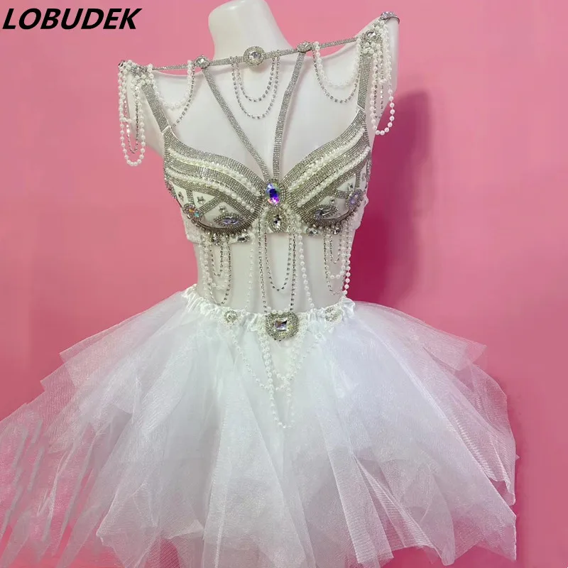 

Sparkly Rhinestones Beads Bra Tutu Skirt Dance Outfit Sexy Bar Club Rave Party Stage Wear Women DJ Singer Show Nightclub Costume