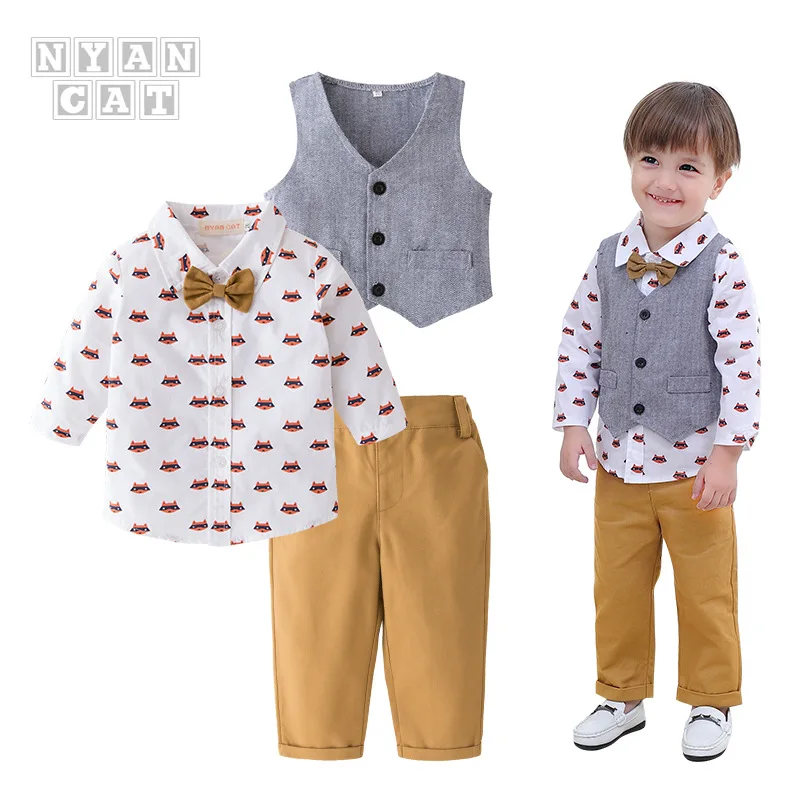

Children Gentleman Formal Dress Set BOY'S Baby Long Sleeve Fox Set CHILDREN'S Three-piece Suit