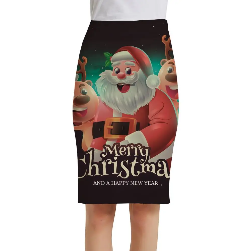 

KYKU Brand Christmas Skirts Women New Year Print Skirt Santa Claus Office Deer Elegant Ladies Skirts Womens Floral Casual Korean