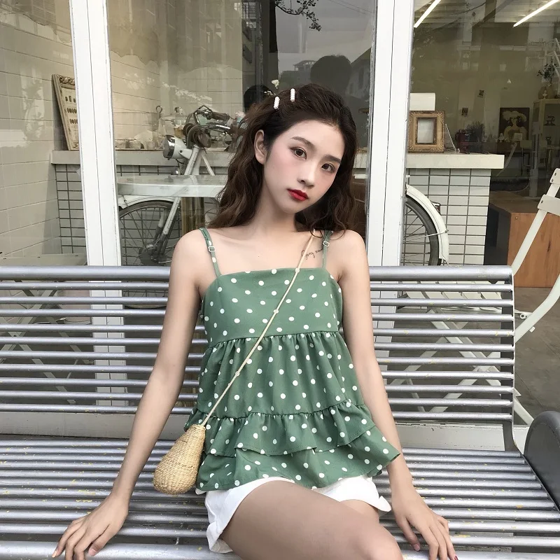 Спагетти ремень сладкий горошек оборками Camis с открытыми плечами Женская одежда Летний стиль корейские женские Топы camisa feminina Новинка