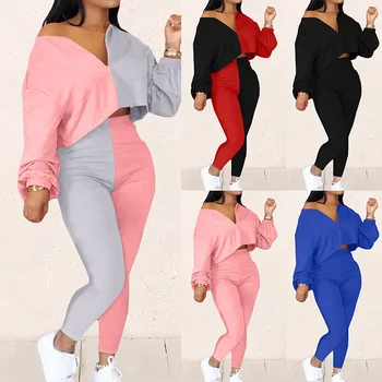 

Patchwork Off Shoulder Tracksuit 2 Piece Set Outfits Long Sleeve Zipper Top And Pants Streetwear Pijamas Women Loose Sets
