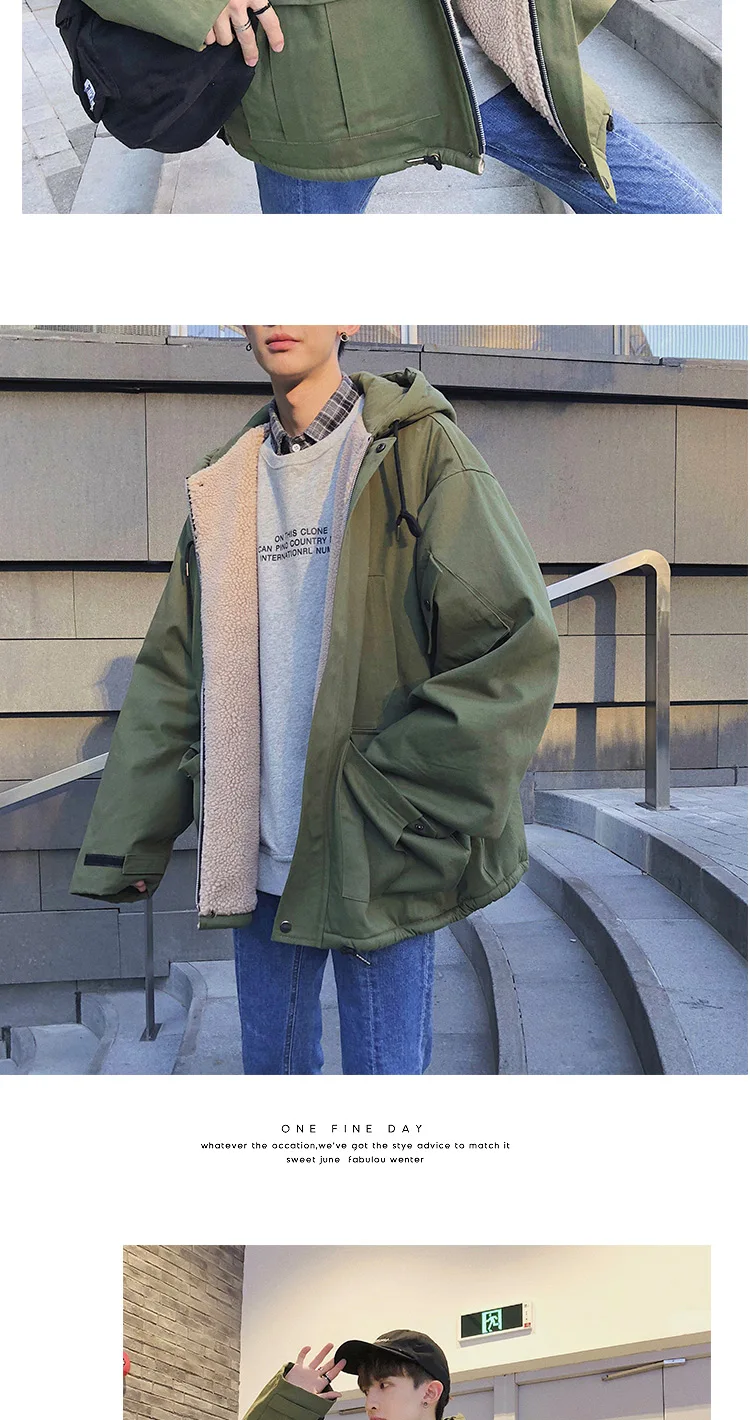 Korean Loose Men's Oversize Jacket Autumn Winter Hooded Cotton Coat Wool Liner Men Coats Warm K098
