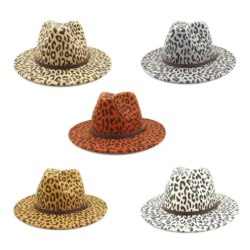 Women Men Faux Felt Leopard Fedora Jazz Cap with Buckle Belt Wide Brim Top Hat