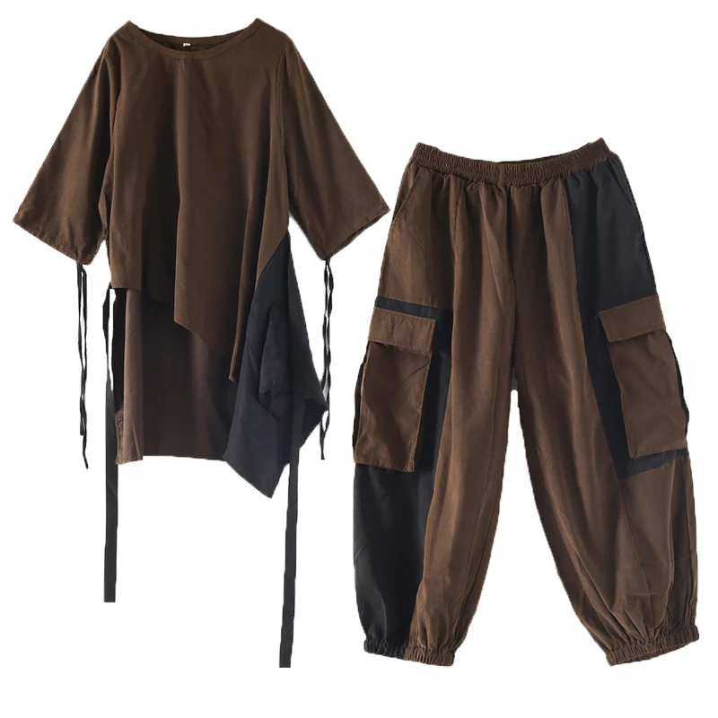 Coffee Two-piece set Johnature, женские винтажные лоскутные Футболки с поясом, осень, новая мода, Необычные Свободные женские футболки, повседневные футболки - Цвет: Coffee Two-piece set