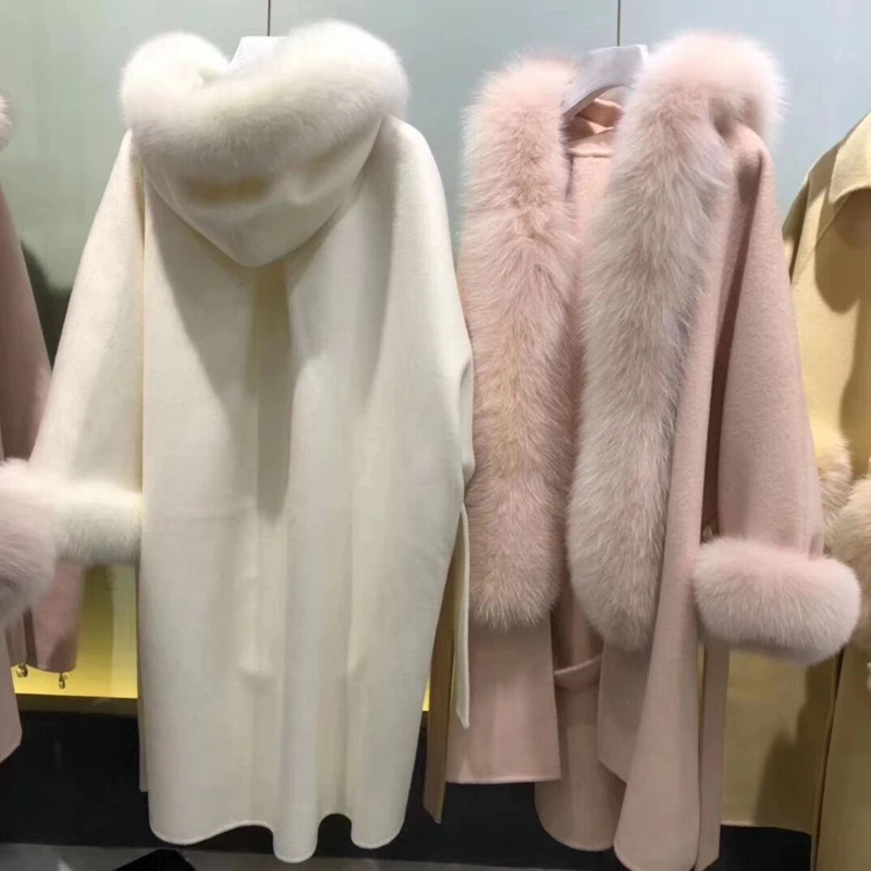 Женские кашемировые пальто двухстороннее Woo Lnatural Fox меховой воротник пальто модное зимнее длинное шерстяное Outerwea