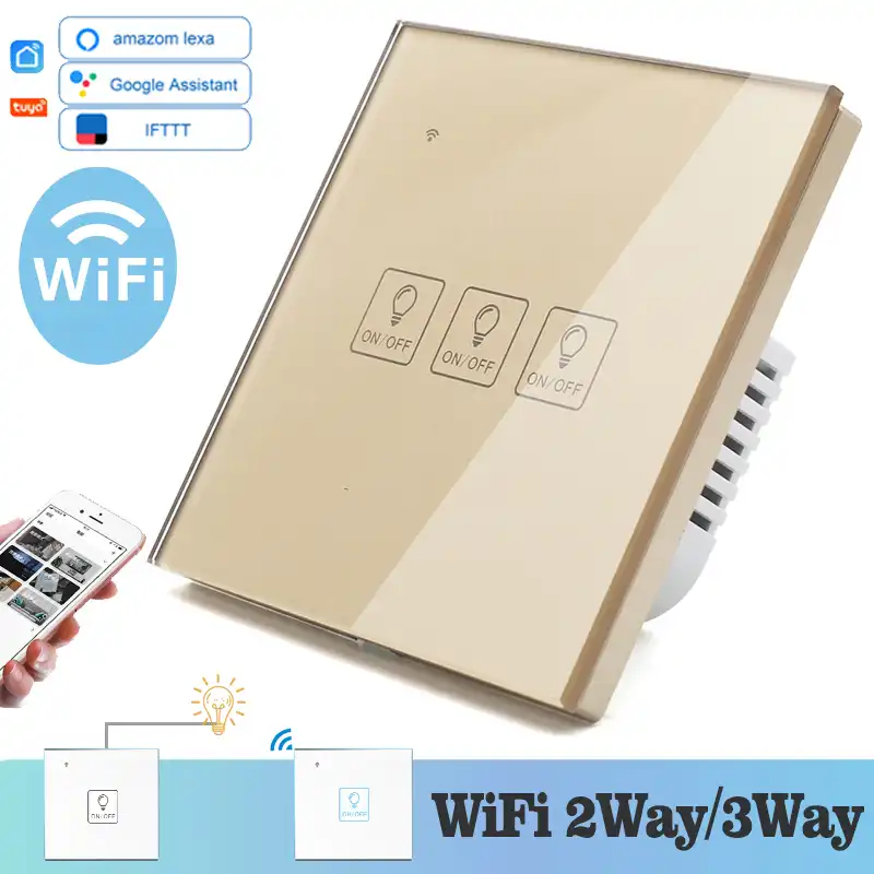 Wifi Tactil Luz De Interruptor De Pared De Vidrio De Oro Azul Led