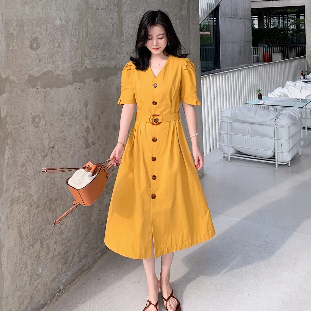 

Photo Shoot 2019 Summer New Style Korean-style INS WOMEN'S Dress Retro CHIC-Style Waist Hugging Lace-up V-neck Single Breasted D