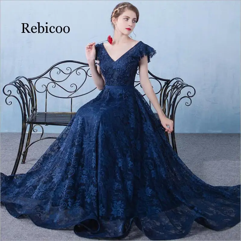 

2019 New Vintage V neck A-line Long party Dress Navy Blue Tulle Sexy Prom Party Dresses