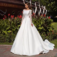 

Sumnus French Satin Wedding Dresses With Belt Long Sleeves Scoop Princess Bridal Dress Lace Appliques Wedding Party Gowns