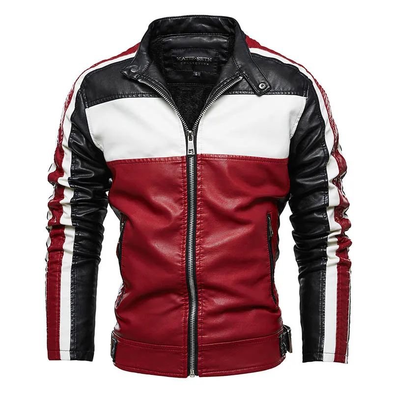 KIOVNO Men Winter Pu Leather Jackets Coats Stand Collar Fleece Lined Motorcycle Faux Leather Jackets Outwear For Male  (3)