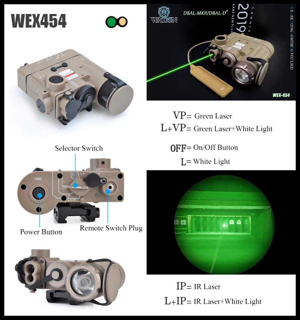 WADSN, страйкбол, DBAL-D2, Многофункциональный тактический светильник, ИК лазер, зеленый лазер, 300 люмен, светодиодный, чехол на батарею, WEX454, оружейный светильник