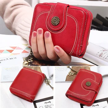 

Triple Folding Small Zipper Vintage Flower Clutch Money Bag Short PU Leather Women Wallet Gift Button Card Holder Coin Purse