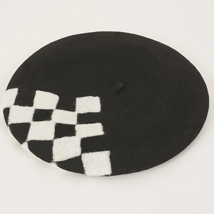 

Simple Hand-knitted Wool Beret Black White Plaid Hats Fashion Wild Winter Cap Round Ladies Berets New Year Gift Caps for Women