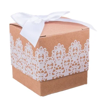 

5*5*5cm Lace style Kraft Candy Boxes with Bow Wedding Favors and Party Supplies Baby Shower thanks Gift Box For Guests Boxes