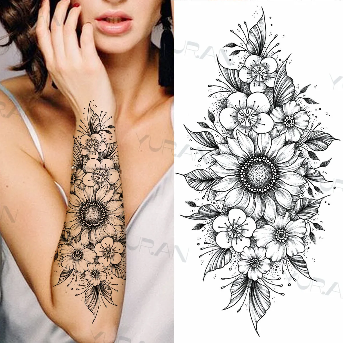 Black SunFlower Temporary Tattoos For Women Men Realistic Fake Dragon Henna  Sun Flower Tattoo Sticker Waterproof Forearm Tatoos - AliExpress, image size:1200x1200
