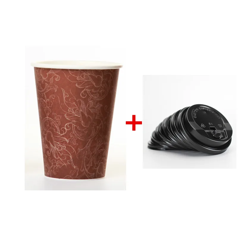 cup and black lid 50 шт. одноразовая кофейная чашка с цветочным узором, плотные бумажные чашки, горячие напитки, сок напитки, упаковка, чашки, пакеты на вынос с крышками - Цвет: cup and black lid