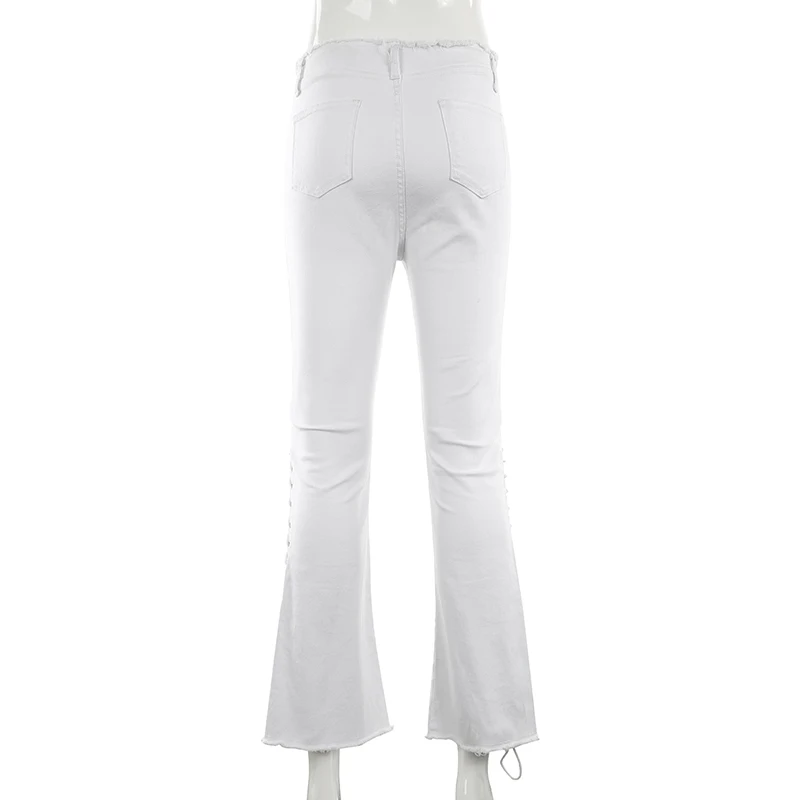 HEYounGIRL элегантные белые обтягивающие женские расклешенные джинсы, брюки со шнуровкой, высокая талия, джинсы с кроем для женщин, повседневные женские джинсовые брюки в Корейском стиле