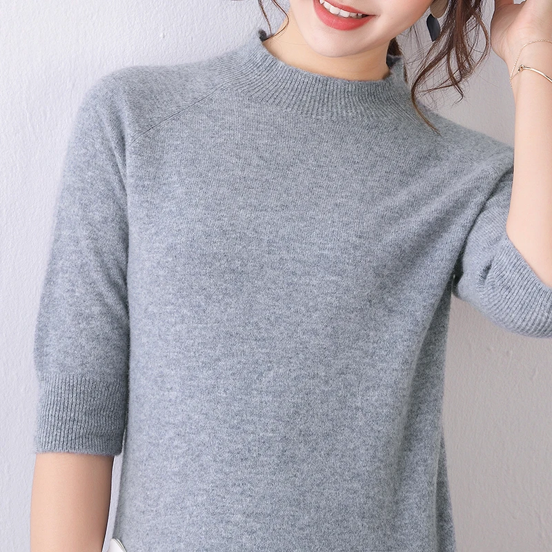 women sweater half sleeves crew neck real wool pullover warm spring outerwear casual fashion jumper basic shirt sweaters