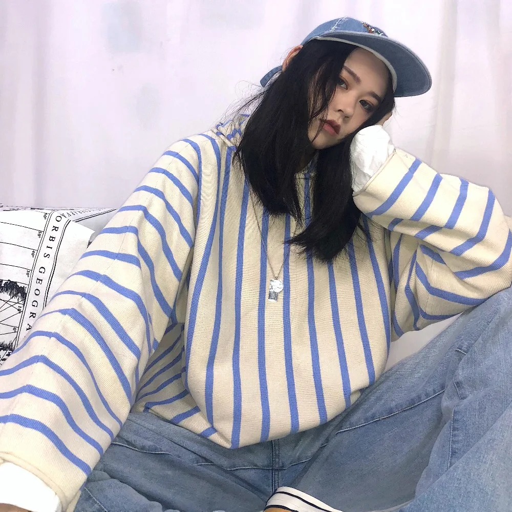 Корейский зимний ulzzang Harajuku шикарный модный полосатый Свободный Повседневный свитер с капюшоном уличный свободный осенний женский свитер