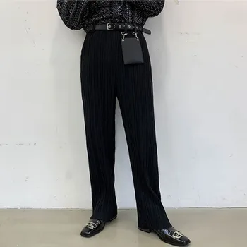 

Masculino feminino conter rebite saco drapeado dobras calça casual masculino japão coreia streetwear calças longas retas