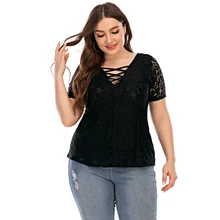 

Sale Women Sexy V Neck Short Sleeve Lace Tops Female Summer Casual L-6XL Plus Size Hollow Out Blouse Shirt Ladies Black Top D30
