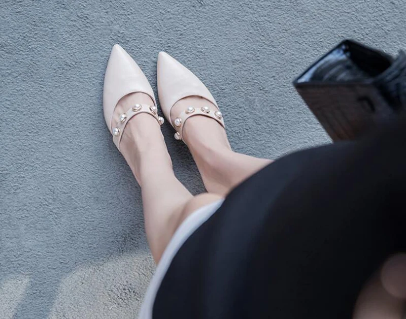 pointed toe medium heels women modern japanese block pumps genuine leather size 4 34 patent shoes black pearl strap mary jane