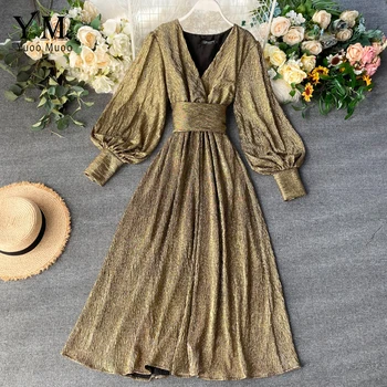 

YuooMuoo Ins Fashion Luxury Gold Party Dress Elegant V Neck Long Puff Sleeve Maxi Dress Good Quality A Line Women Bandage Dress