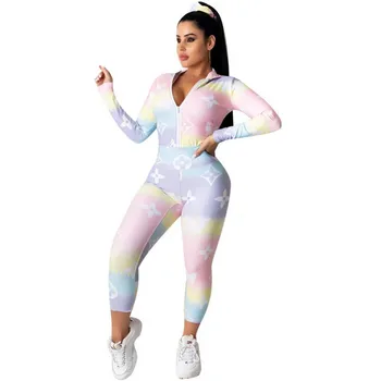 

Two Piece Set Women Zipper Hooded Long Sleeve Tops And Ankle Lenght Pants Set Fashion New Sexy Colorful Floral Print Woman Suit