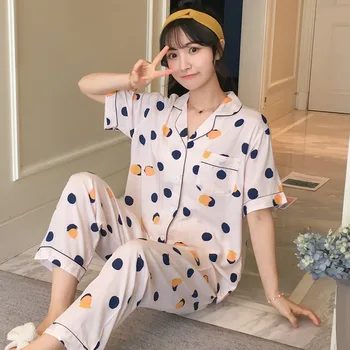 

FZSLCYIYI Autumn Ladies Pajamas Set Printed Full Cotton Fresh Style Sleepwear Set Women Turn-down Collar Female Casual Homewear