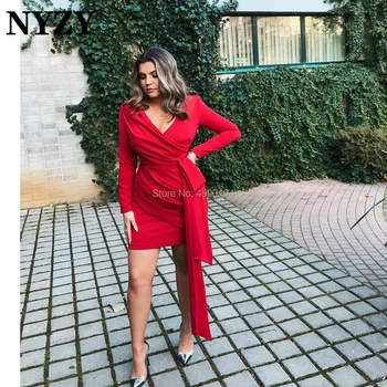 NYZY E324, elegante vestido de noche para celebraciones, rojo, alfombra, manga larga, vestido corto para fiesta, coctel